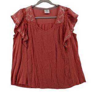 Knox Rose Embroidered Blouse M Pink VNeck Flutter Floral Ruffle Top Flowy Casual